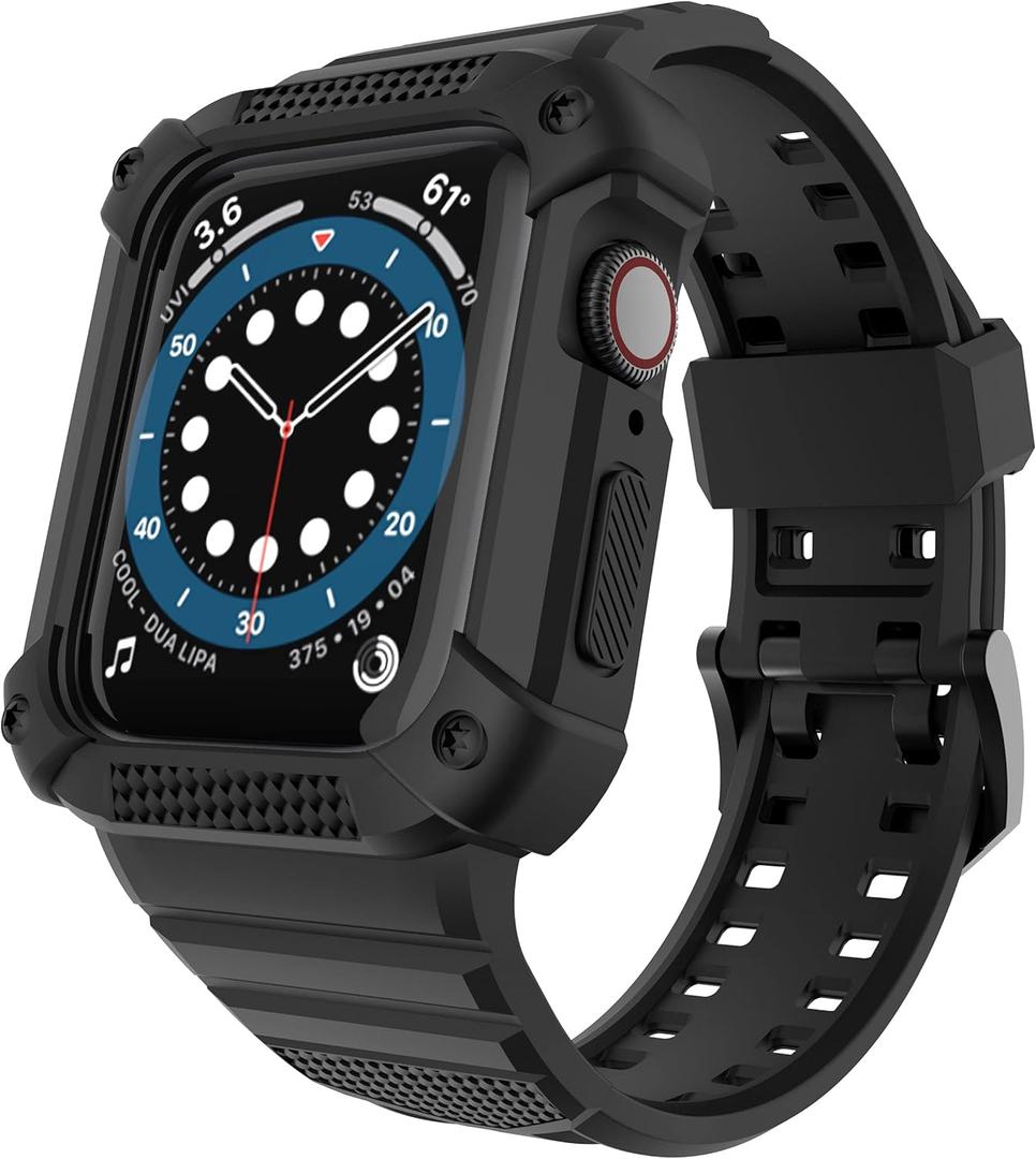 GELISHI Compatible with Apple Watch Band 45mm 44mm 42mm, Men Rugged Protective Case Bumper with Sport Band Military Shockproof Case for Watch Series 8 7 6 SE 5 4 3 2, Black