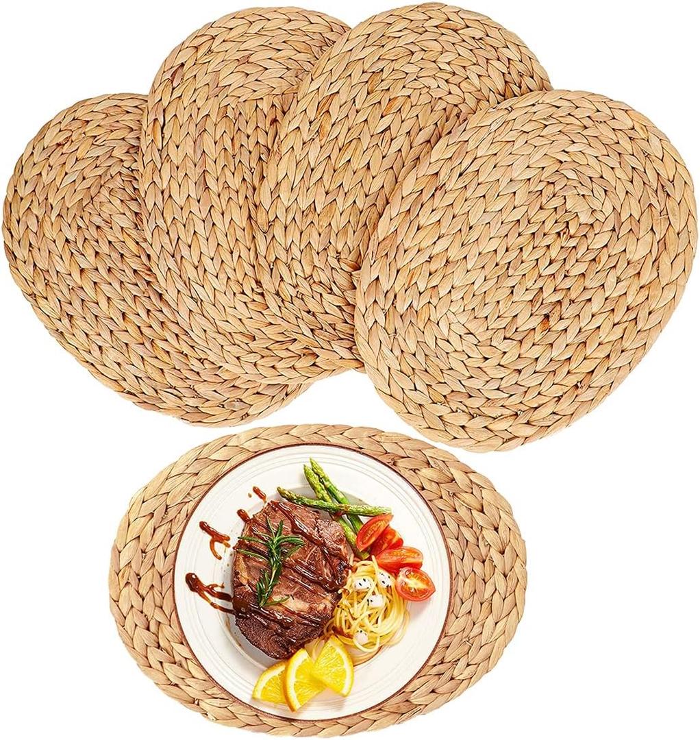Oval Woven Placemats, Natural Water Hyacinth Placemats Set of 4, Straw Braided Rattan Placemats, 12x16 Inches Plate Chargers Set, Non-Slip Heat Resistant Woven Chargers for Dining Table