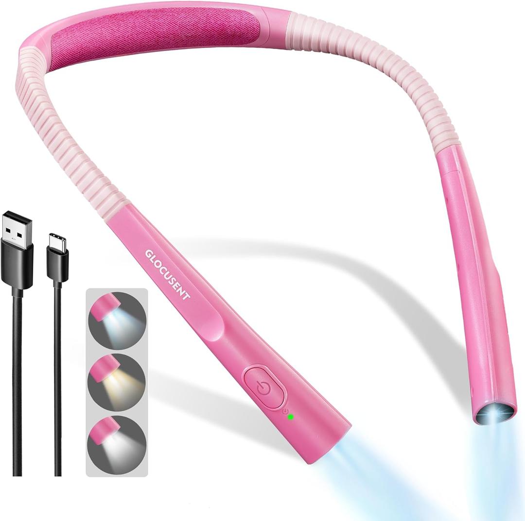 Glocusent Upgraded LED Neck Reading Light, Book Light for Reading in Bed, 30-min Timer, 3 Colors & 3 Brightness Adjustable, Rechargeable & Long Lasting, Perfect for Reading, Knitting (Slim-Medium)