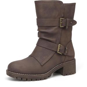 Women's Motorcycle Boots Mid Calf PU Leather Biker Boots - Stylish Women's Black Brown Riding Boots for Motorcycle Fight and Festival, Size: 8