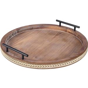 16 Inch Coffee Table Tray for Living Room, Beaded Round Wood Decorative Tray with Handles, Farmhouse Circle Trays for Kitchen Island Decor, Rustic Coffee Table Centerpiece Decor