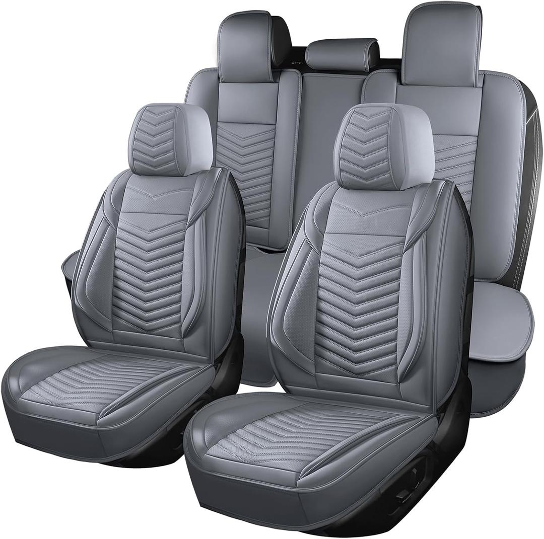 HChengkikz Nappa Leather Car Seat Covers Full Set, Gray Car seat Protector 5 Seats, Waterproof Car Seat Cushion, Universal Automotive Seat Covers Fit for SUV Truck Pick-up Sedan, Front and Rear