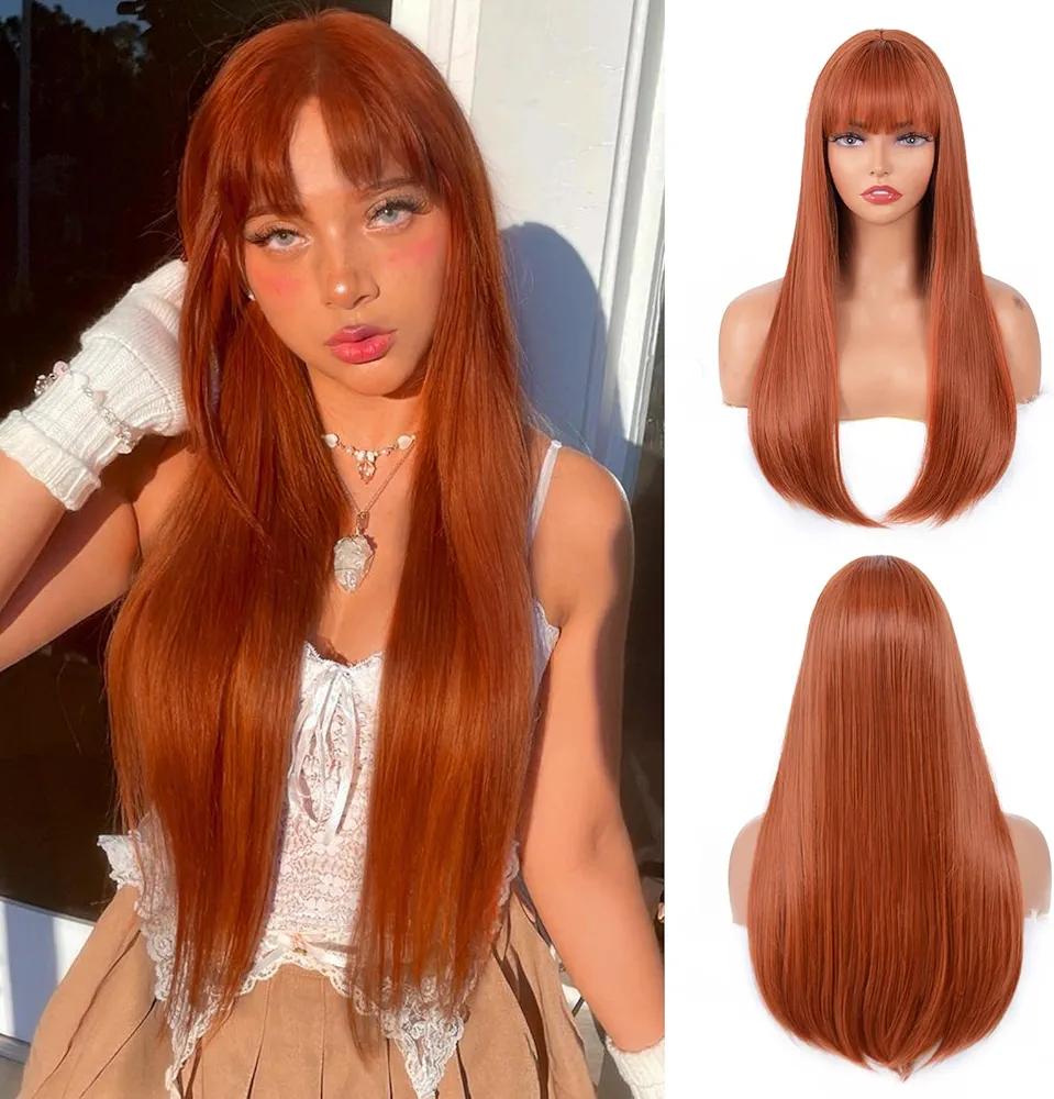 Ginger Wig with Bangs for Women – Long Straight Heat Resistant Synthetic Wig for Daily Use, Party, Halloween, Cosplay – 24 Inch Ginger Wigs for Girls