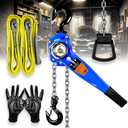 1 1/2 Ton Lever Chain Hoist w/ 2 Lift Sling Straps and Gloves - 3300LBS Chain Come Along 10Ft Lift, for Garage, Open-Air and Unpowered Operations (Blue)