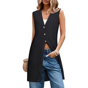 ZXZY Womens Dressy Casual Long Sweater Cardigan Sleeveless V Neck Button Up Cable Knit Tunic Vests M