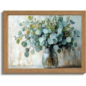 Wood Framed Rustic Eucalyptus Wall Art Sage Green in Glass Plants Vase Canvas Painting Picture Wall Decor Farmhouse Neutral Poster Print Artwork for Living Room, Bedroom, Bathroom Home Decoration, 24"L x 16"W