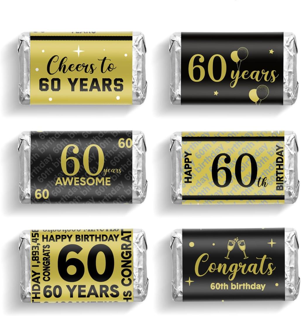 Tenare 90 Pcs 60th Birthday Party Favors Candy Wrappers Black and Gold Stickers Mini Chocolate Label 60th Birthday Decorations for Men Anniversary Party Supplies