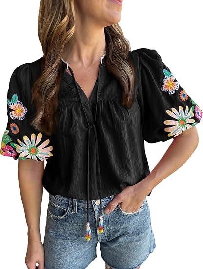Ecosunny Women's Boho Embroidered Tops V Neck Floral Short Puff Sleeve Casual Shirts Loose Tunic Summer Blouses Fashion 2026 XL