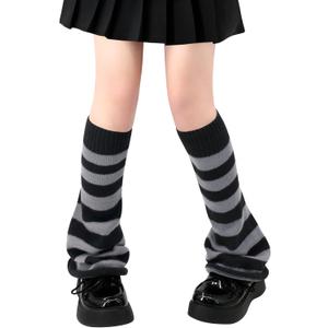 Olreco Leg Warmers Kawaii Leg Warmers Y2K Harajuku Legs Warmer for Girls Women Gyaru Cutecore Lolita Accessories Gothic Socks (One Size, B Black & Gray Stripes Flared)