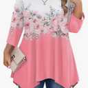 IN'VOLAND Plus Size Tops for Women 3/4 Sleeve Shirts Tunic Tops to Wear with Leggings Loose Fit Summer Fall Clothes, 3X, Pink Floral