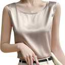 Silk Tank Tops for Women Basic Camisole Top Crew Neck Sleeveless Blouse Summer Cami Tank Casual Tank Shirt (Beige, S)