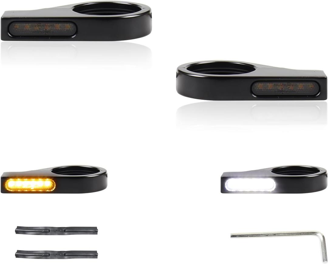 Motorcycle Front Fork LED Turn Signals Universal Sequential Switchback Running Lights 12V Amber Blinkers W/Mounting Bracket fit Honda Harley Yamaha Suzuki Kawasaki