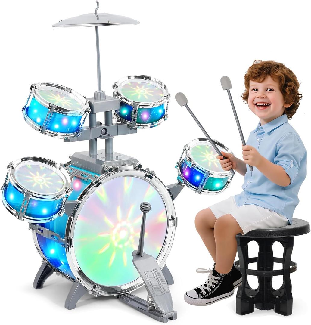 LeeQee Drum Set for Kids 3, Jazz Drumset for Toddler 3-5 Vibrant Aurora Light with 5 Pcs High Drums, Musical Instruments Toy for Age 5-7 Year Old Boys Girls