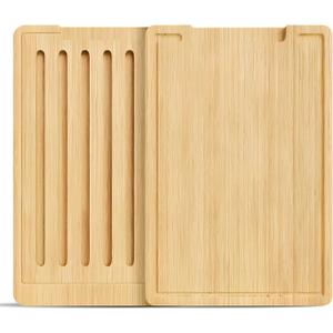 Bamboo Cutting Board Set of 2, 15.6"/10.7"/1", with Juice Grooves,with Crumb Catcher Tray, Thick Chopping Boards for Meat, Easy Grip Handle, Gifted Box