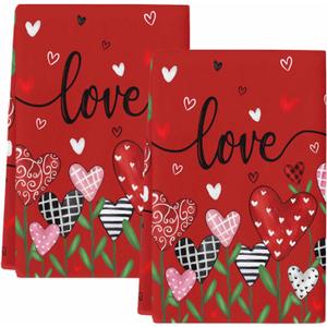 Valentine's Day Red Kitchen Towels Set of 2 Love Heart Flower Hand Towels for Bathroom Absorbent Fast Drying Microfiber Dishtowels Valentines Day Tea Towel for Home Decor
