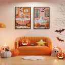 2Pcs Halloween Ghosts Canvas Wall Art Skeletons and ghosts in the bathtub Wall Decor Pictures Vintage pink Fall Pumpkins Posters Prints for Bathroom Gallery Home Decor Unframed