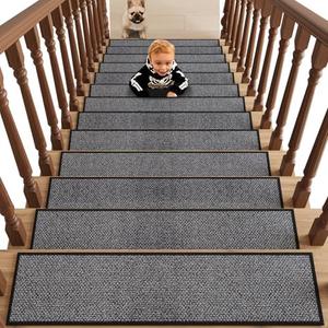 Robmic 1pcs 8X30 Inches Non Slip Stair Treads for Wooden Steps Indoor, Machine Washable Rubber Backing Stair-Runners for Wooden Steps, Residue Free Carpet Stair Treads for Kids and Dogs (Black)