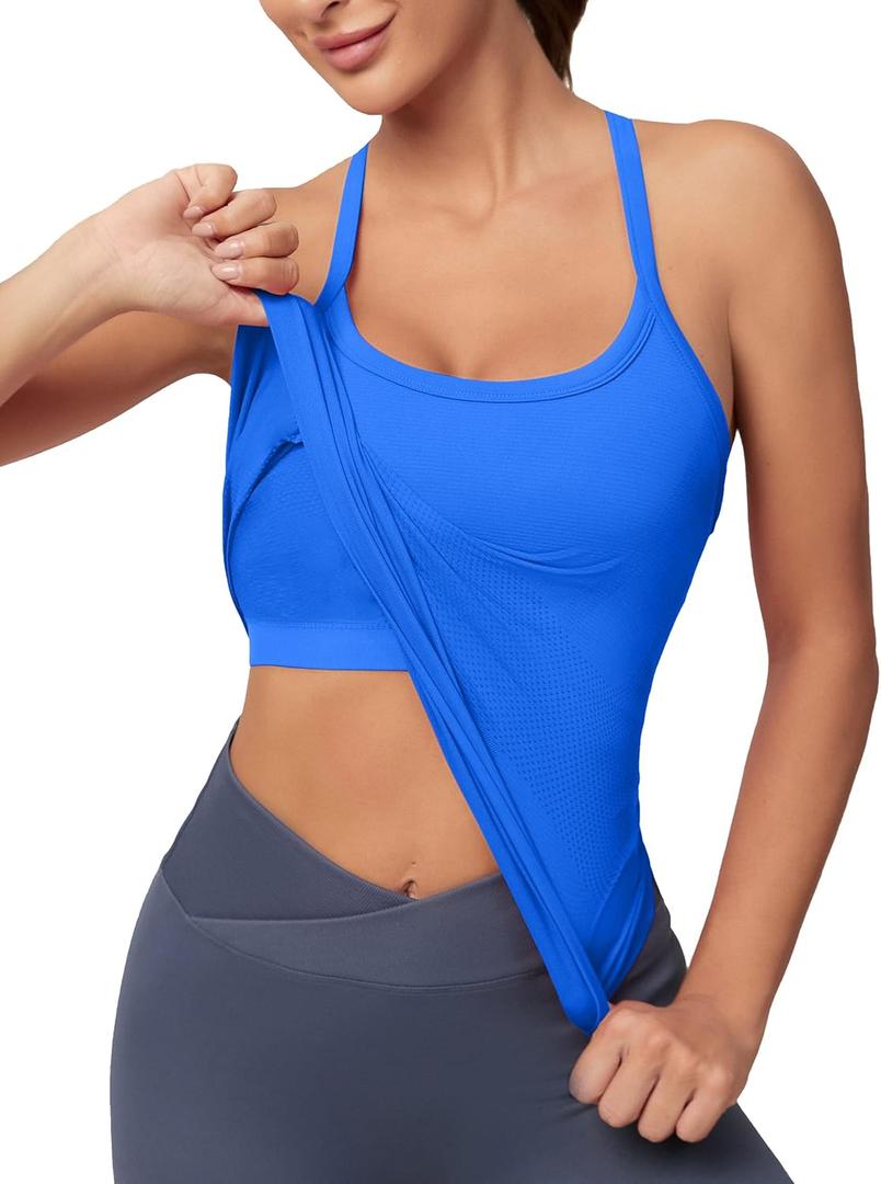 MathCat Workout Tank Tops for Women with Built in Bra, Sleeveless Gym Tops Seamless Racerback Athletic Yoga Shirts (Large, Kleinblue)