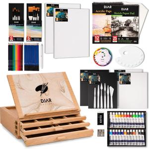DJAR 87 pcs Acrylic Paint Set with 3 Drawer Storage, 24 Colors of Acrylic Paint, Sketch Book, Paints and Pads, Art Supplies Kit for Adults, Teens and Beginners, Compact