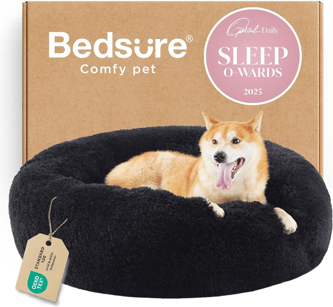 Bedsure Calming Dog Bed for Medium Dogs - Donut Washable Medium Pet Bed, 30 inches Anti-Slip Round Fluffy Plush Faux Fur Cat Bed, Fits up to 45 lbs Pets, Black
