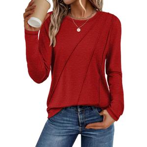ATHMILE Womens Long Sleeve Shirts Pleated Crew Neck Casual Fall Fashion Ladie Tops Loose Fit Spring Basic Clothes Trendy (Red, M)
