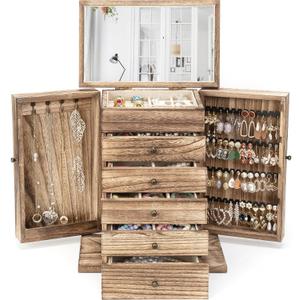 Emfogo Wooden Jewelry Box for Women, 6-Tier Large Jewelry Organizer Boxes with Mirror Rustic Solid Wood jewlery Storage Display for Rings Earrings Necklaces Bracelets watches(Carbonized Brown)