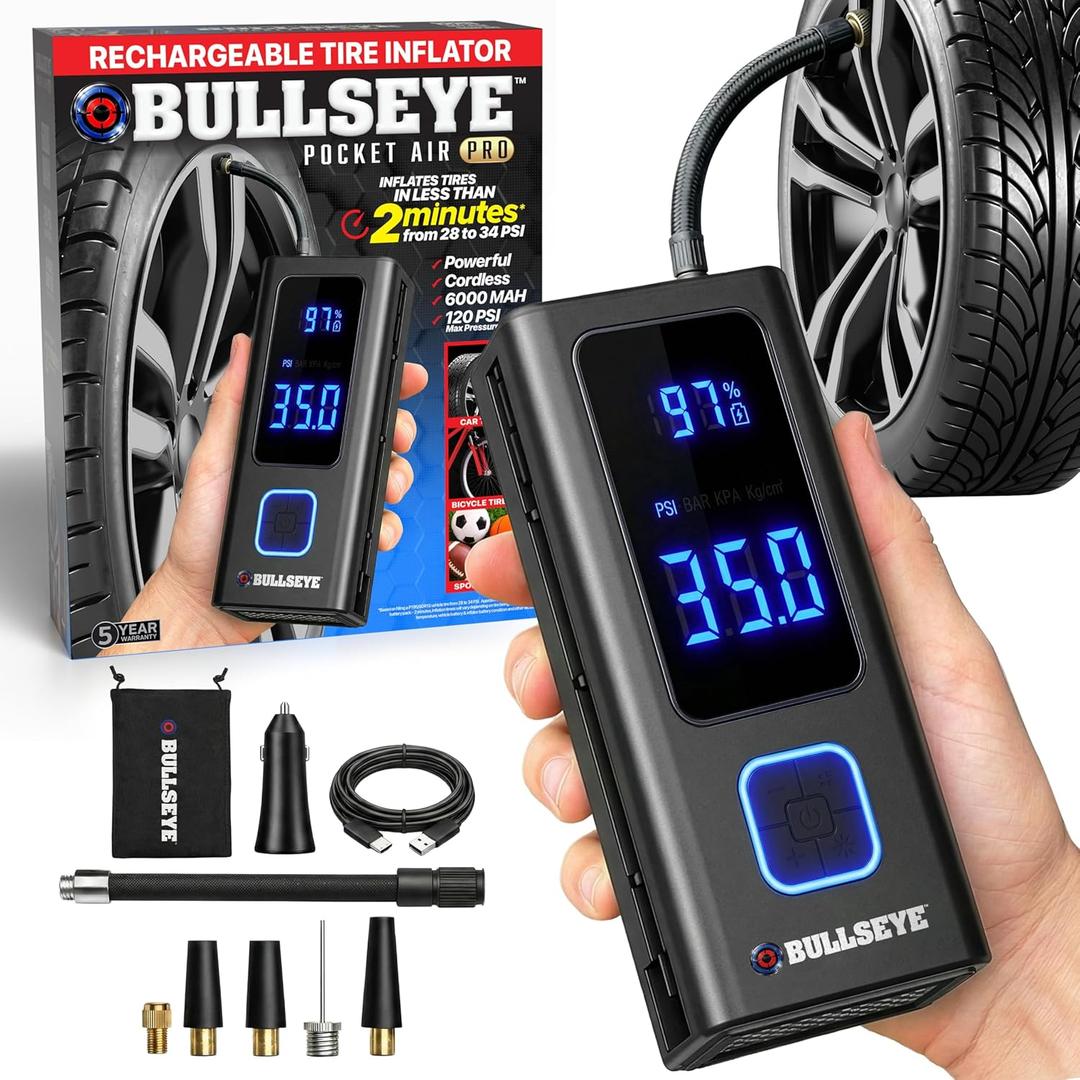 POCKET AIR PRO Tire Inflator Portable Air Compressor by Bullseye Pro for Tires, Balls, Bike with Persta Valve, Auto Shut Off, Inflates in 2 Min, Cordless Rechargeable 6000MAH,150 PSI, SoS Light