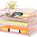 Subekyu 3 Tier Paper Letter Tray Organizer for Desk, Pink Metal Mesh File Folder Sorter Organizer with Handle and 1 PC Sliding Tray for Home Office School Desk Supplies Organization Storage (12.6" x 9.1" x 8.1")