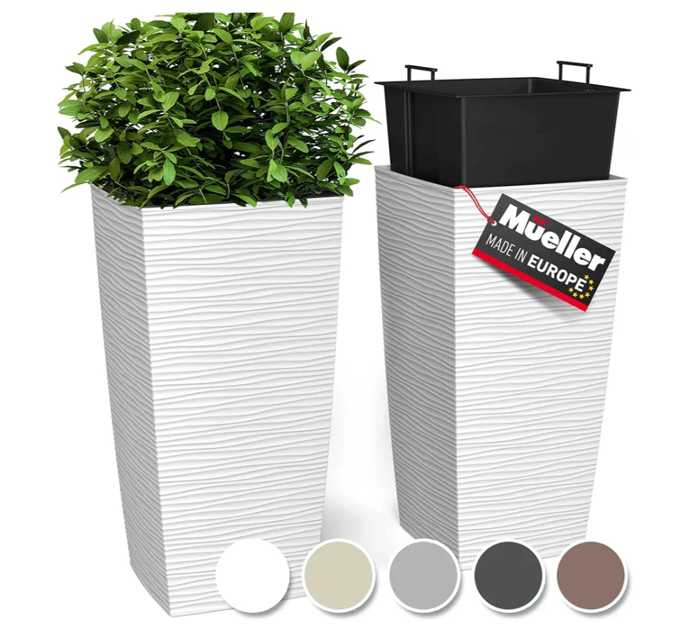 Mueller M-Resin Heavy Duty Tall Planters for Outdoor Plants, Indoor Grande Plant Pots, Boxes, Trees, Flower Pots, 2-Piece Set, 18”, Modern Design, Built-in Drainage, Front Porch Decor, White