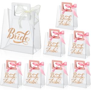 PerKoop 8 Pcs Bridesmaid Gift Bags Bachelorette Party Favors PVC Wedding Bachelorette Gift Bags with Handles Large Clear Bride Goody Pouches, 1 Bride 7 Bridesmaid for Shower(Rectangle Style)