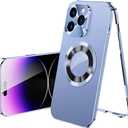 Magnetic Metal Edge Full Body Military Drop Protection for iPhone 12 Pro Case,Compatible with MagSafe,Rugged Built-in Privacy Screen Protector Logo View Shockproof Cover,Blue