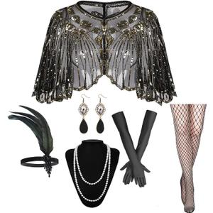 1920s Flapper Accessories Set, Roaring 20s Accessories Women Feather Headpiece Necklace Earrings Long Gloves,Black Gold