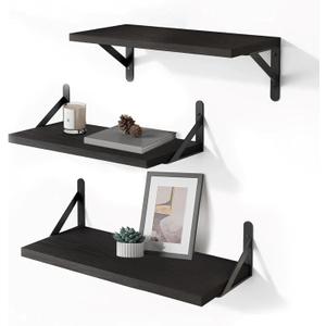Wood Floating Shelves for Wall Set of 3, Floating Shelves with Storage, Shelves for Room Wall Decor for Bedroom, Bathroom, Living Room, Office (Black, 16.5")
