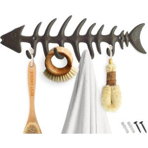 Comfify Fish Bones Wall Mounted Towel Rack Stylish Cast Iron Hanger with 4 Hooks for Towels, Robes, and More Includes Screws and Anchors Brown
