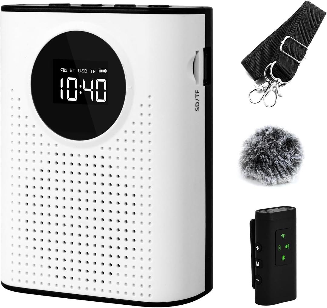 AURTEC Voice Amplifier with Magnetic Wireless Lavalier Microphone, Portable Amplifier with 2.4G Wireless Microphone, Supports Bluetooth, TF Card, USB Flash Drive and AUX Input (White)