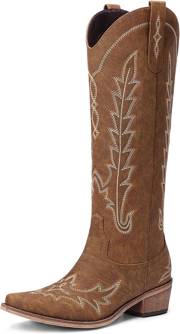 Cowboy Boots for Women - Knee High Pointed Toe Chunky Heel Pull On Zipper Western Cowgirl Boots, Retro Country Vintage Fashion Tall Boots (11, Brown)