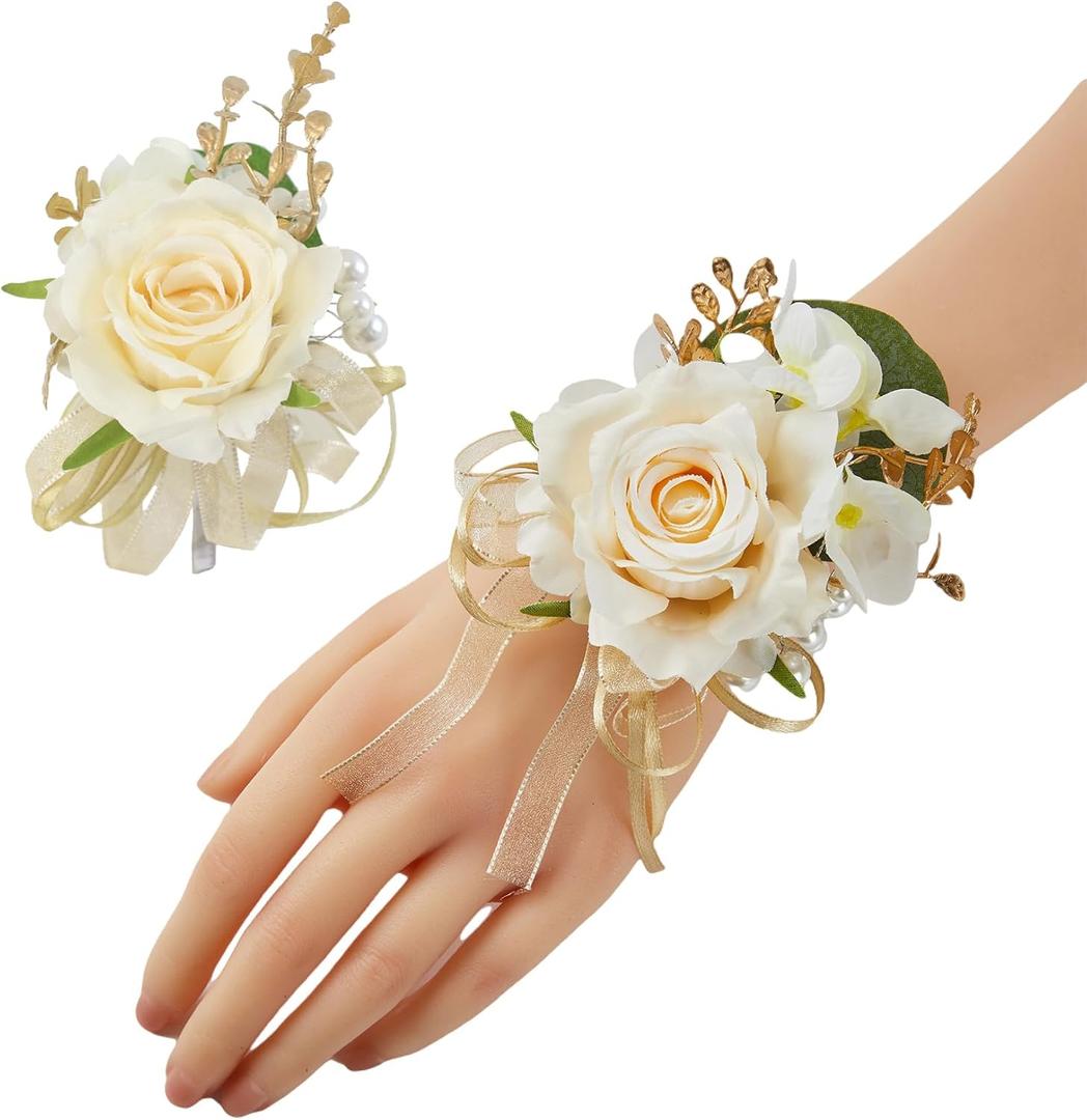 Meldel Champagne Corsage and Boutonniere Set,Boutonniere for Men,Groomsmen and Groom Boutonniere for Wedding,Rose Wrist Corsages Bracelets for Mother of Bride,Bridesmaids,Girls,Women,Prom,Homecoming