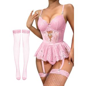 Lilosy Sexy Stocking Rhinestones Heart Garter Underwire Floral Mesh lace Sheer Babydoll Lingerie Teddy Bodysuit Skirt Set (Small, Pink)