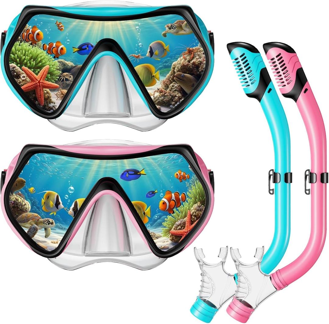 Snorkel Mask Set, Dry-Top Snorkel Set Scuba Diving Mask, 180 Panoramic Wide View, Professional Breathing Freely Snorkeling Gear Kit with Nose Cover for Snorkeling Swimming, Travel (Kids)