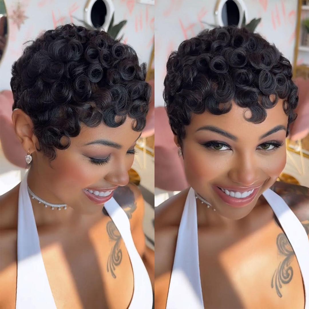 VRZ Short Pixie Cut Wig Human Hair Glueless Pixie Cut Wigs for Black Women Natural Black Color for Daily Use Full Machine Made Wig No Glue Short Curly Human Hair Wig (Y19#DK Color)