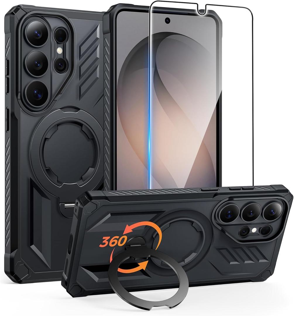 FNTCASE for Samsung Galaxy S26-Ultra Case: [360 Spin Magnetic Ring Kickstand] [Compatible for MagSafe] [Screen Protector] Heavy Duty Military Grade Protection Protective Stand Phone Case Translucent