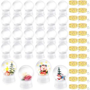 Lenwen 24 Set DIY Snow Globe Christmas LED Kit Including 4 Inch Plastic Clear Snow Globe with Screw Off Cap and 19.7 Inch 10 LED String Lights for Xmas DIY Crafts Decoration