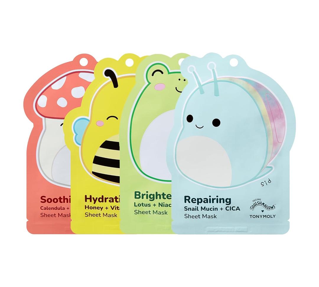 TONYMOLY x Squishmallows Sheet Mask Set  4-Pack Facial Skincare Variety for Hydrating, Soothing, Repairing, Nourishing, Moisturizing & Glowing Skin