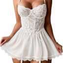 Babydoll Lingerie for Women Lace Up Mesh Chemise Nightgown with Garter Belt (XX-Large, White)