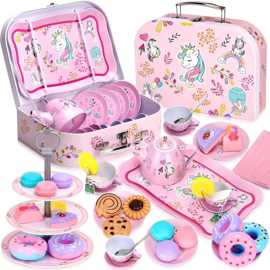 Auney Tea Set Girls Toys 36pcs, Tin Unicorn Tea Party Set Toy Pretend Play Gifts for Little Girls Age 3-6, Kids Toys Gifts for Toddlers Including Carrying Case (Unicorn Toy)