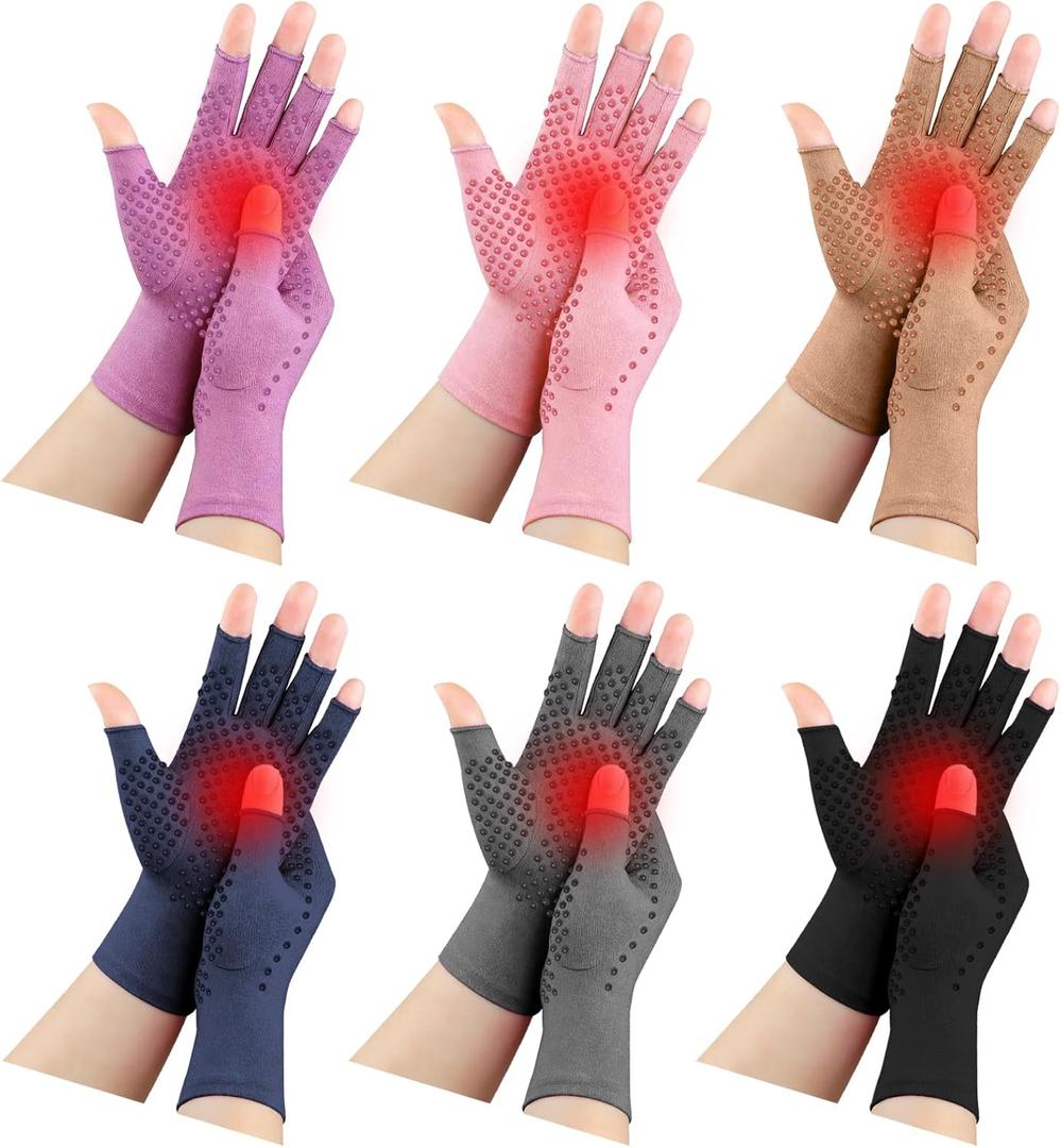 JenPen 6 Pair Arthritis Compression Gloves for Women Men, Fingerless Arthritis Carpal Tunnel Pain Relief Gloves for Rheumatoid Tendonitis Swelling Crocheting Typing Working Daily Use(Mixed Color,L)
