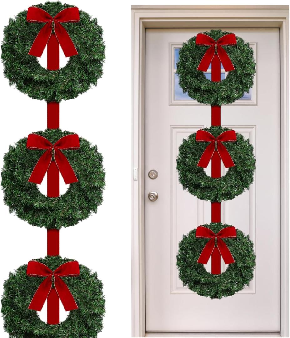Artificial Christmas Wreath 63" Christmas Three Wreaths with 3 Red Velvet Bow Ribbon Front Door Decoration Wall Hanging Decoration for Xmas Party Home(Classic)