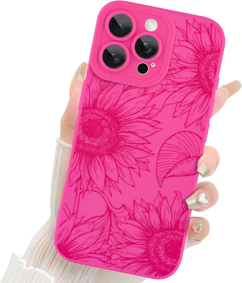 Fiyart Designed for iPhone 16 Pro Case Cute Flower Floral Sunflowers Design,Soft Slim TPU Anti-Scratch Phone Cover for Women Girls 6.3"-Hot Pink
