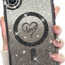 MZELQ Compatible with iPhone 16 Case Plating Magnetic [Support for Magsafe] Bling Glitter Love Heart Back Diamond Camera Lens Cover Crystal Matte Luxury Case for Girls Women -Black