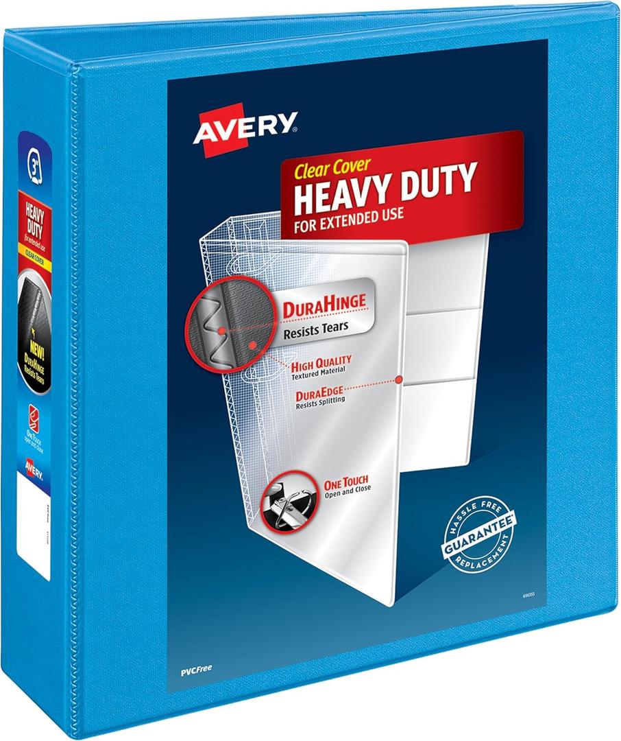 Avery Heavy-Duty View 3 Ring Binder, 3" One Touch Slant Rings, Holds 8.5" x 11" Paper, 1 Light Blue Binder (05601)